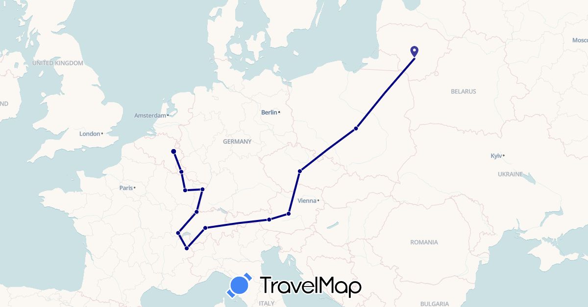 TravelMap itinerary: driving in Austria, Belgium, Switzerland, Czech Republic, France, Lithuania, Luxembourg, Poland (Europe)